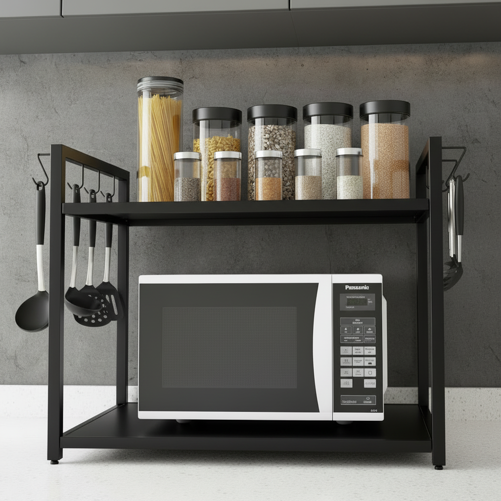 Adjustable Microwave Rack Stand | Steel Kitchen Organiser with Side Hooks