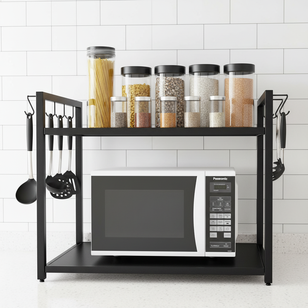 Adjustable Microwave Rack Stand | Steel Kitchen Organiser with Side Hooks