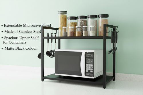 Adjustable Microwave Rack Stand | Steel Kitchen Organiser with Side Hooks